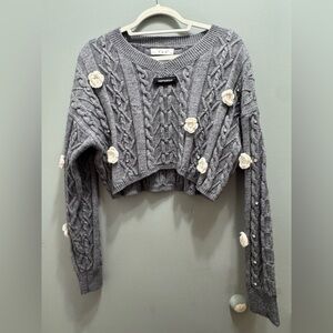 Gray Cable Knit Sweater with Cream Accents